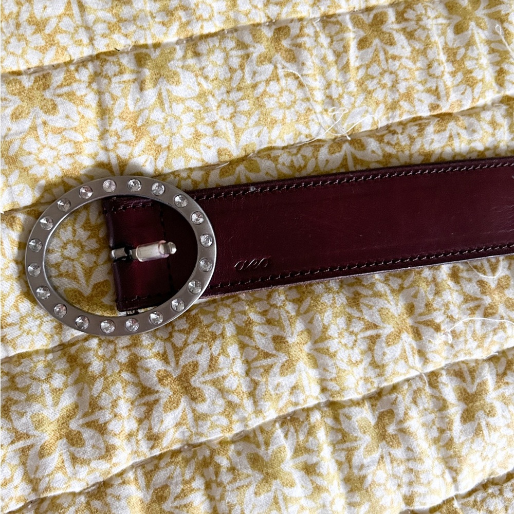 Aeropostale Burgundy Leather Belt with Crystal-Stud Silver Buckle